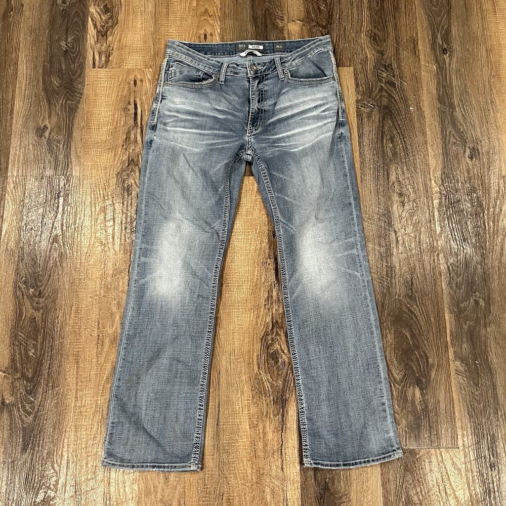 BKE Jake Jeans 36x32 Blue Light Wash Boot Stretch Denim Pants Whiskering *READ*
